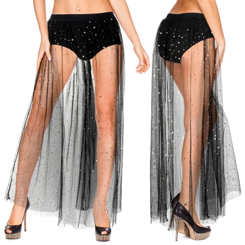 SATINIOR 2 in 1 Glitzer Transparent Mesh Rock für Damen Tüllrock mit Pailletten Transparenter Maxirock mit Hoher Taille von SATINIOR