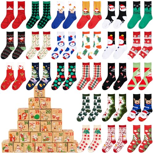 SATINIOR 24 Paar Weihnachten Socken Adventskalender Geschenke mit 24 Countdown Geschenkboxen DIY Weihnachten Countdown Geschenke für Damen Herren, Einheitsgröße(Klassisch) von SATINIOR