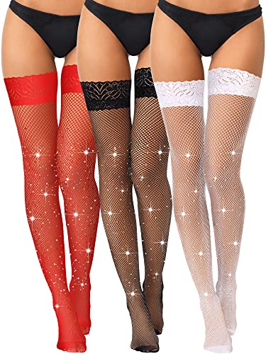 SATINIOR 3 Paar Damen Spitze Strass Netzstrümpfe Anti Rutsch Fischnetz Strümpfe Glitzer Halterlose Strümpfe für Dehnbare Netzstrümpfe von SATINIOR