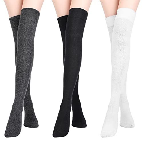 SATINIOR Extra Lange Socken Oberschenkelhohe Baumwollsocken Extra lange Stiefelstrümpfe für Mädchen Frauen (Black, Dark Grey, White, 3) von SATINIOR