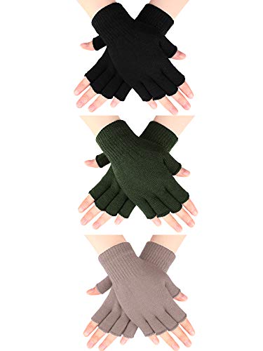 SATINIOR 3 Paar Halb Fingerhandschuhe Winter Fingerlose Handschuhe Strickhandschuhe für Männer Frauen (Braun, Schwarz, Armeegrün) von SATINIOR