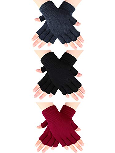 SATINIOR 3 Paar Halb Fingerhandschuhe Winter Fingerlose Handschuhe Strickhandschuhe für Männer Frauen (Schwarz, Dunkelgrau und Rot) von SATINIOR