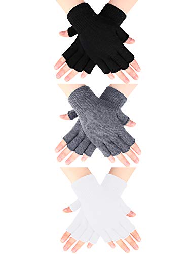 SATINIOR 3 Paar Halbfinger Winter Handschuhe - Fingerlose Strick Handschuhe für Männer Frauen (Schwarz, Hellgrau, Weiß) von SATINIOR