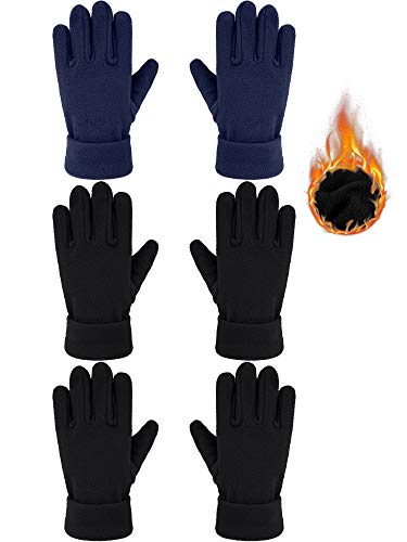 SATINIOR 3 Paar Kinder Winter Fleece Handschuhe Weiche Warme Vollfingerhandschuhe für Jungen und Mädchen (Schwarz, Marineblau, 5-8 Jahre alt) von SATINIOR