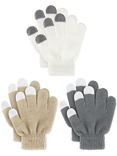 3 Paar Kinder Winter Handschuhe Vollfinger Kinder Handschuhe Kleinkind Strickhandschuhe (Weiß, Khaki, Grau) von SATINIOR