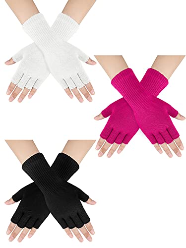 SATINIOR 3 Paar Unisex Gestrickte Fingerlose Handschuhe Damen Herren Thermo Halbfinger Strickhandschuhe (Schwarz, Rosenrot, Weiß) von SATINIOR