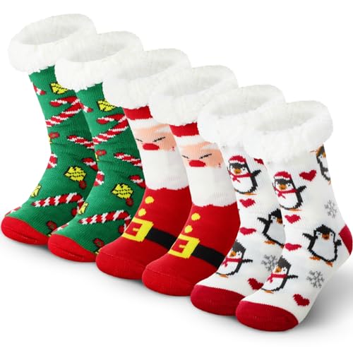 SATINIOR 3 Paar Weihnachten Hausschuhe Socken Flauschige Weihnachtssocken Damen Rutschfeste Fleece Haussocken (Niedlich) von SATINIOR