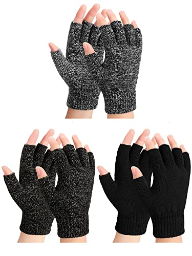 3 Paar Winter Fingerlose Handschuhe Gestrickt Halbfinger Handschuhe für Herren Damen (Schwarz, Schwarzgrau, Schwarz Weiß) von SATINIOR