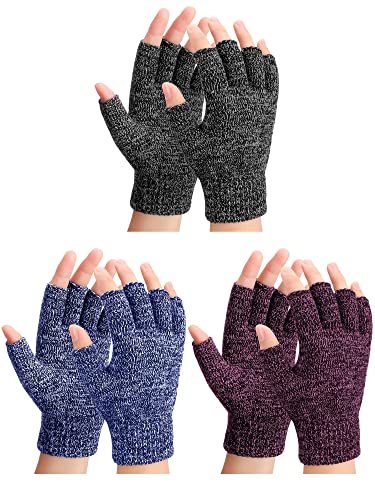 SATINIOR 3 Paar Winter Fingerlose Handschuhe Gestrickt Halbfinger Handschuhe für Herren Damen (Schwarzgrau, Marineblau, Schwarz Rot) von SATINIOR