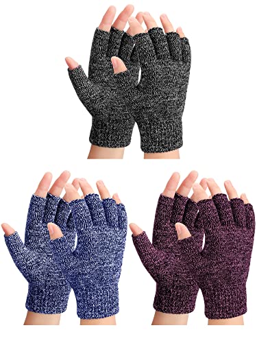 3 Paar Winter Fingerlose Handschuhe Gestrickt Halbfinger Handschuhe für Herren Damen (Schwarzgrau, Marineblau, Schwarz Rot) von SATINIOR