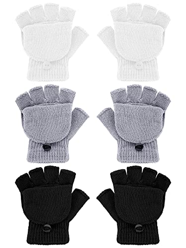 SATINIOR 3 Paar Winter Fingerlose Handschuhe für Kinder Warme Handschuhe mit Klappe Halbfinger Fäustlinge (Schwarz, Weiß, Dunkelgrau) von SATINIOR