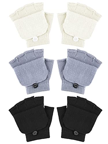 3 Paar Winter Fingerlose Handschuhe für Kinder Warme Handschuhe mit Klappe Halbfinger Fäustlinge (Schwarz, Weiß, Grau) von SATINIOR