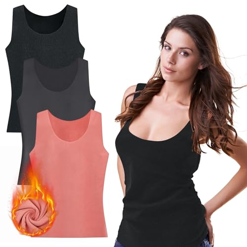 SATINIOR 3 Stück Damen Tank Top Thermoweste Ärmellos Unterhemd Frauen Trägertop Warme Winter Unterwäsche, Schwarz Grau Rosa (L Größe) von SATINIOR