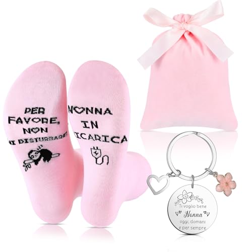 SATINIOR 3 Stück Geschenkset Lustige Socken Edelstahl Schlüsselanhänger mit Gravur Samttasche Geschenke für Weihnachts Geburtstag (Oma, Rosa) von SATINIOR