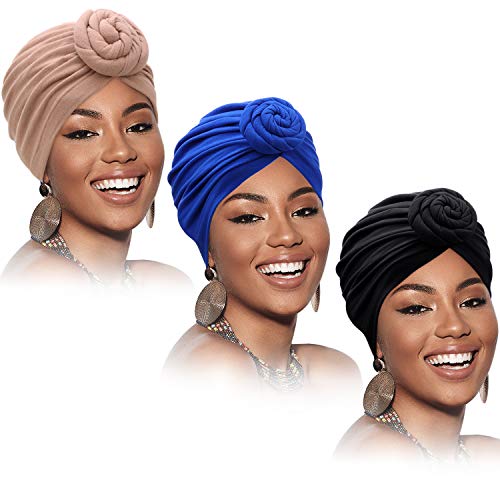 SATINIOR 3 Stücke Afrikanischen Turban für Damen Knoten Pre-Gebunden Motorhaube Hut Kopfbedeckung (Schwarz, Blau, Khaki) von SATINIOR