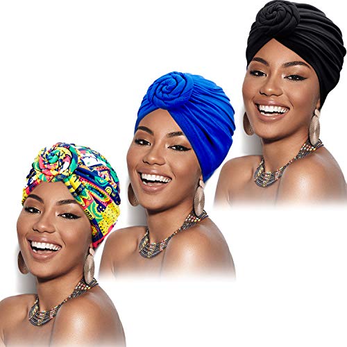 SATINIOR 3 Stücke Afrikanischen Turban für Damen Knoten Pre-Gebunden Motorhaube Hut Kopfbedeckung (Schwarze, Blaue, Rosa Blume) von SATINIOR