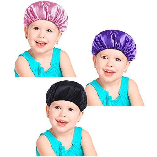 SATINIOR 3 Stücke Kinder Satin Bonnets Nachtschlaf Kappen Breites Band Schlafen Hüte für Kinder Kleinkind Kinder Baby (Pink, Dunkelviolett, Schwarz) von SATINIOR