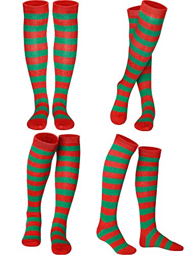 SATINIOR 4 Paar Damen Mädchen Bunte Gestreifte Kniestrümpfe Hohe Hexe Kniestrümpfe Hohe Socken (Rote und Grüne Farben) von SATINIOR
