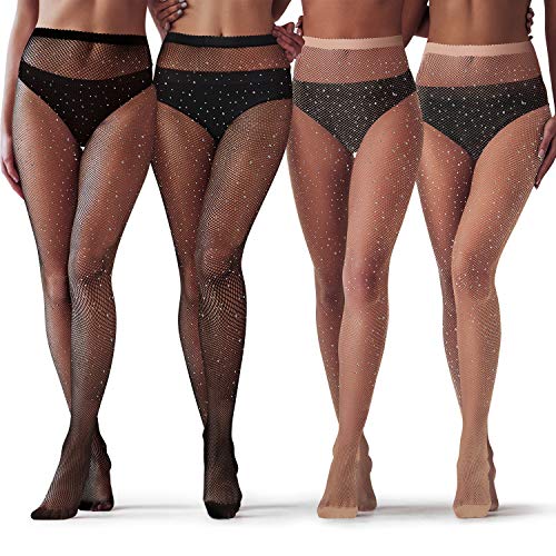 SATINIOR 4 Paar Glitzernde Strass Netzstrümpfe für Damen mit Hoher Taille und Netzstrumpfhose (Schwarz, Beige, Fischnetz) von SATINIOR