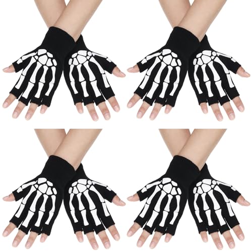 SATINIOR 4 Paar Halloween Skelett Halbfinger Handschuhe Unisex-Schädel Fingerlose Stretch Strickhandschuhe Winterhand Warme Handschuhe (Stil 1) von SATINIOR