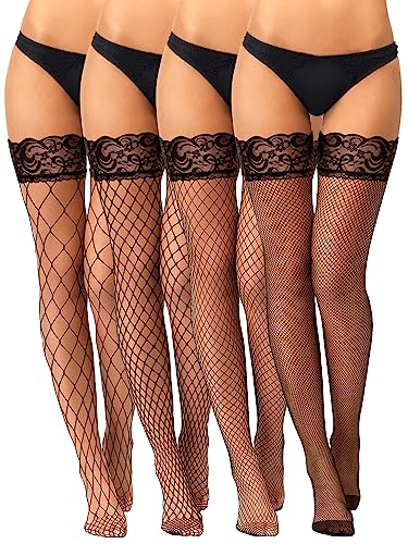 SATINIOR 4 Paar Halloween Spitze Netzstrümpfe Spitzen Oberschenkel Strümpfe Damen Netzstrümpfe für Cosplay Party, Schwarz von SATINIOR