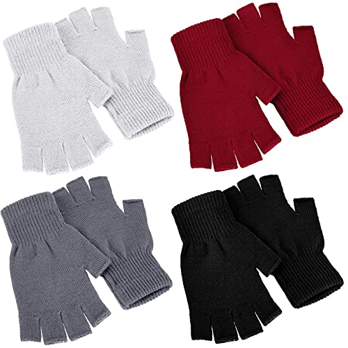 SATINIOR 4 Paar Handschuhe für den Winter, Halbfinger, gestrickt, fingerlos, warm, dehnbar, für Damen und Herren, Schwarz, Rot, Weiß, Dunkelgrau von SATINIOR