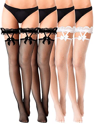 SATINIOR 4 Paar Oberschenkelhohe Netzstrümpfe Fischnetz Nylon Halterlose Strümpfe mit Schleifen für Damen (Schwarz, Weiß) von SATINIOR