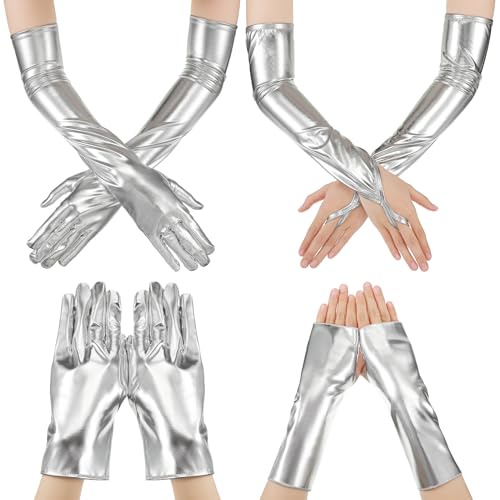 SATINIOR 4 Paar Silberne Handschuhe für Damen Glänzende Metallische Handschuhe aus Lackleder Kostüm Zubehör für Hochzeit Meerjungfrau Karneval Halloween Party, 4 Stile von SATINIOR