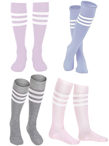 SATINIOR 4 Paar bunte gestreifte Kniestrümpfe Hexe Kniestrümpfe Hohe Socken für Damen Mädchen, Hellrosa, Lila, Blau, Grau von SATINIOR