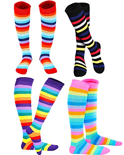 SATINIOR 4 Paar bunte gestreifte Kniestrümpfe für Damen und Mädchen, hohe Hexe, Halloween, hohe Socken, blickdichte Strümpfe, helle Farbe von SATINIOR