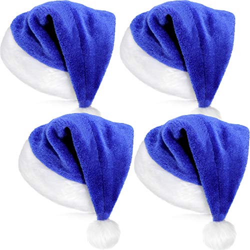 SATINIOR 4 Packungen Santa Hut, Unisex Samt Weihnachten Mütze mit Komfort Futterund Plüsch Krempe Weihnachtsmann Mütze für Party Neujahr Weihnachten (Blau, Kinder Größe) von SATINIOR