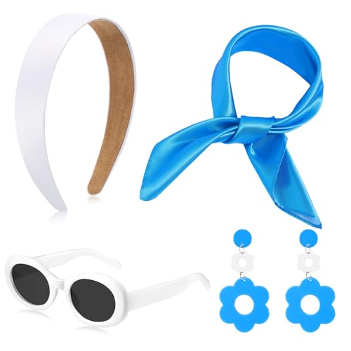 SATINIOR 4 Stück 60er 70er Jahre Hippie Disco Kostüm Zubehör Set Stirnband baumeln Ohrringe Sonnenbrille Seide Schal (weiß, blau) von SATINIOR