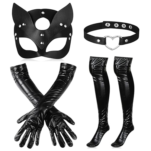 SATINIOR 4 Stück Mardi Gras Damen Katze Kostüm Set Masquerade Halbes Gesicht Katzenmaske aus PU Leder Halsband Lange Lackleder Handschuhe Kniestrümpfe für Cosplay Karneval Halloween Party, Schwarz von SATINIOR