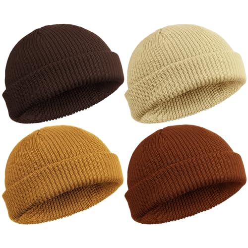 SATINIOR 4 Stück Trawler Beanie Watch Hat Roll Up Edge Skullcap Fisherman Beanie Unisex, Karamell, Khaki, dunkles Karamell, Kaffee, Einheitsgr��e von SATINIOR