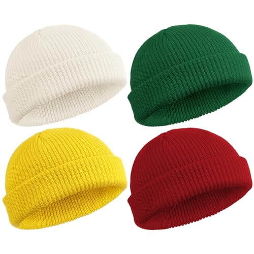 SATINIOR 4 Stück Trawler Beanie Watch Hat Roll Up Edge Skullcap Fisherman Beanie Unisex, Rot, Weiß, Gelb, Grün, Einheitsgröße von SATINIOR