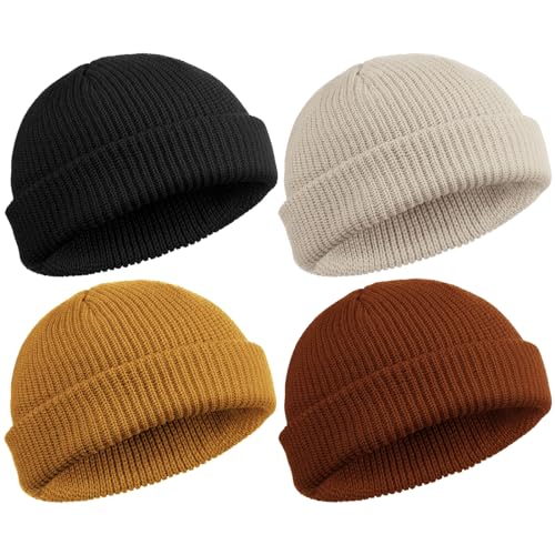 SATINIOR 4 Stück Trawler Beanie Watch Hat Roll Up Edge Skullcap Fisherman Beanie Unisex, Schwarz, Khaki, dunkles Karamell, Beige, Einheitsgr��e von SATINIOR