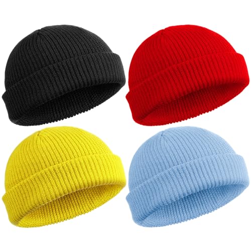 SATINIOR 4 Stück Trawler Beanie Watch Hat Roll Up Edge Skullcap Fisherman Beanie Unisex, Schwarz, Rot, Gelb, Hellblau, Einheitsgröße von SATINIOR