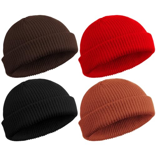 SATINIOR 4 Stück Trawler Beanie Watch Hat Roll Up Edge Skullcap Fisherman Beanie Unisex, Schwarz, Rot, Kaffee, dunkles Karamell, Einheitsgr��e von SATINIOR