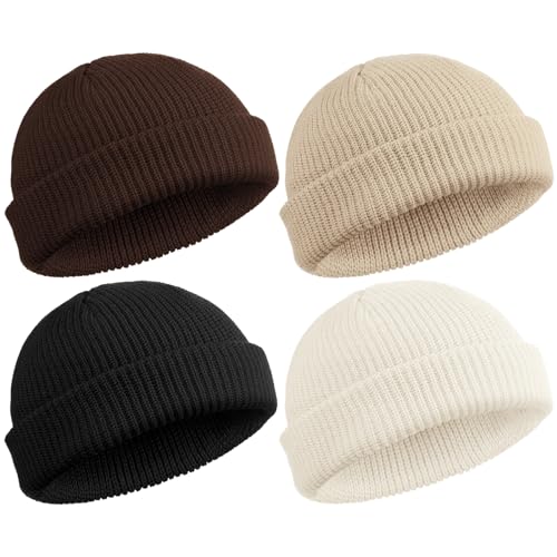 SATINIOR 4 Stück Trawler Beanie Watch Hat Roll Up Edge Skullcap Fisherman Beanie Unisex, Schwarz, Weiß, Braun, Beige, Einheitsgr��e von SATINIOR