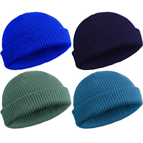 SATINIOR 4 Stück Trawler Beanie Watch Hat Roll Up Edge Skullcap Fisherman Beanie Unisex, Seeblau, Grüngrau, Marineblau, Königsblau, MEDIUM von SATINIOR