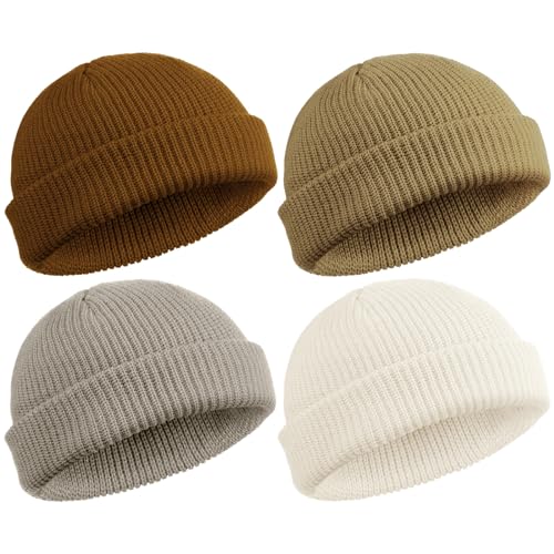 SATINIOR 4 Stück Trawler Beanie Watch Hat Roll Up Edge Skullcap Fisherman Beanie Unisex, Weiß, Karamell, Khaki, Beige, Einheitsgr��e von SATINIOR