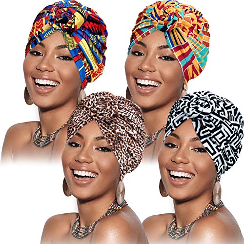SATINIOR 4 Stücke Afrikanische Kopfbedeckung Turban (Geometrie Leopard Kaffee Stil) von SATINIOR