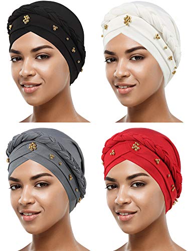 SATINIOR 4 Stücke Frauen Turban Kappe Perlen Kopftuch Mütze Verdrehte Flechten Wickeln Hut Kunstperlen Kopfwickel von SATINIOR