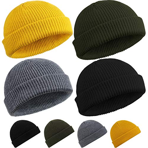 SATINIOR 4 Stücke Trawler Beanie Watch Hut Aufrollen Edge Schädeldecke Fisherman Beanie Unisex (Schwarz, Armee-Grün, Dunkelgrau, Gelb) von SATINIOR