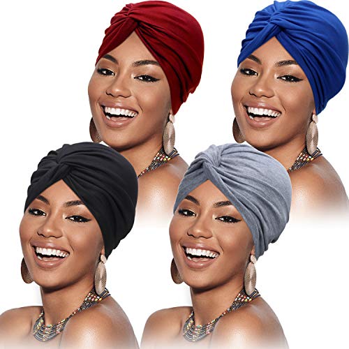 SATINIOR 4 Stücke Turbane für Frauen Soft Vorgebunden Knot Mode Plissee Turban Hut Mütze Kopfwickel Schlafmütze, 4 Farben (Rot, Grau, Königsblau, Schwarz) von SATINIOR