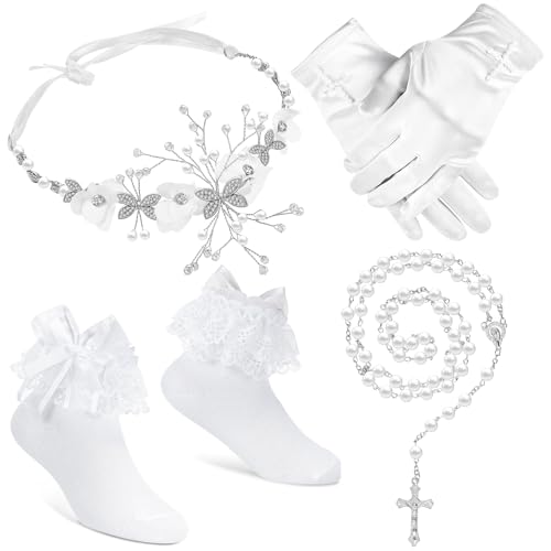 SATINIOR 4er Set Erstkommunion Geschenke für Mädchen Perlen Blumenkranz Stirnband Weiße Handschuhe Rosenkranz Perlen Halskette Knöchellange Spitzen Schleife Socken für Katholisches Heiliges Gebet von SATINIOR