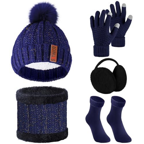 SATINIOR 5 Stück Damen Winter Ski Ausflug Set Strickmütze Schal Handschuhe Ohrenschützer Strümpfe (Marineblau) von SATINIOR