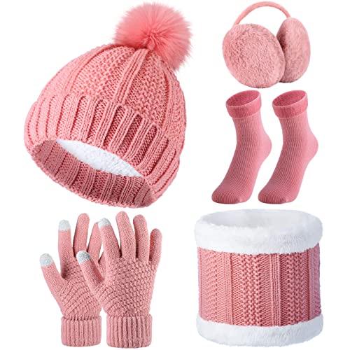 SATINIOR 5 Stück Damen Winter Ski Ausflug Set Strickmütze Schal Handschuhe Ohrenschützer Strümpfe (Rosa, Einfacher Stil) von SATINIOR