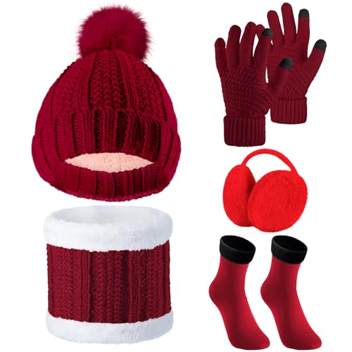 SATINIOR 5 Stück Damen Winter Ski Ausflug Set Strickmütze Schal Handschuhe Ohrenschützer Strümpfe (Weinrot) von SATINIOR