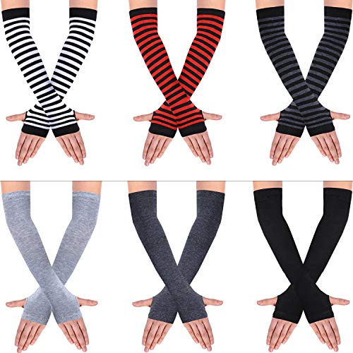 SATINIOR 6 Paare Frauen Lange Fingerlose Handschuhe Stricken Armwärmer Daumenloch Dehnbare Handschuhe (Streifen- und einfarbige Serie) von SATINIOR
